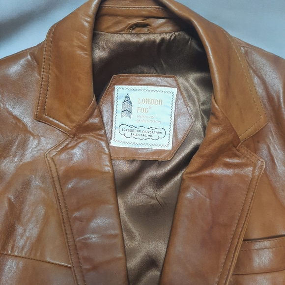 Vintage late 70/Early 80 London Fog 2 button distress Carmel Leather Blazer 40L - Picture 11 of 12